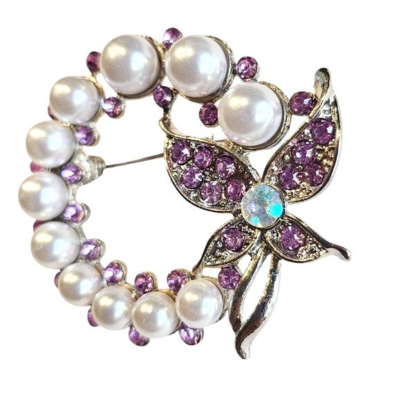 Purple Brooch Pin Faux Pearl Rhinestone Butterfly Silver Tone Wreath Gift Box - Picture 5 of 10
